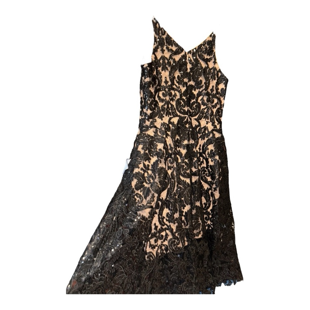 Dress the Population NWT Black Lace Sequin Midi Dress Nude Lining Size L ARG - Picture 4 of 7